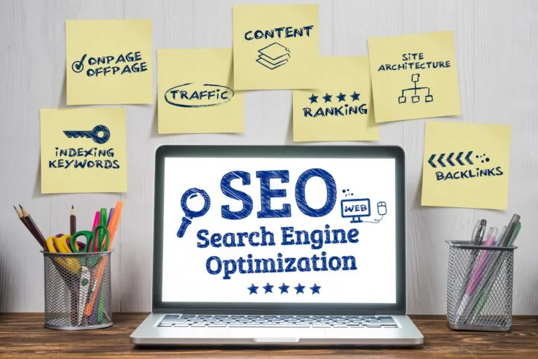 SEO tips on a laptop sitting on a desk